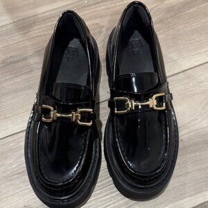 Girls Zara Glossy Black Loafers with Gold Accent